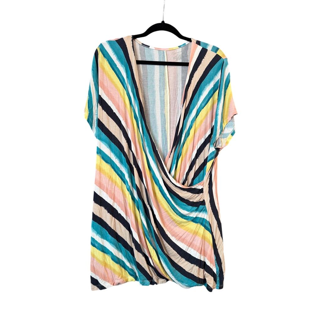 Lane Bryant Women's Plus Size Blue Yellow Pink Faux Wrap Striped Top Sz 22/24 3X